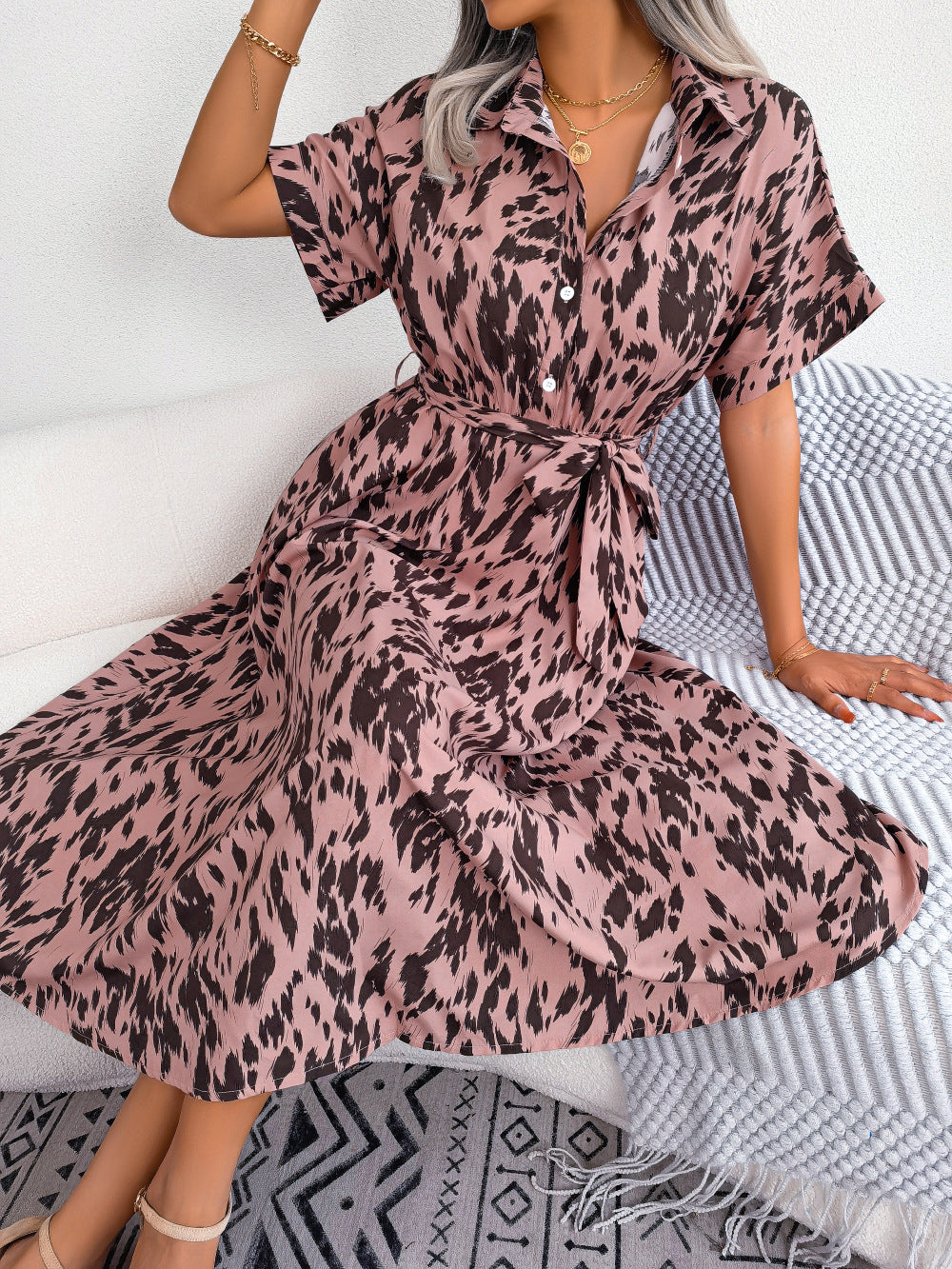 Printed Collared Neck Short Sleeve Tie Waist Dress