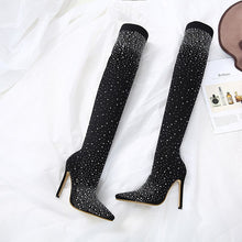 Load image into Gallery viewer, Black Over The Knee Rhinestone Pointed Toe Stretch Boots
