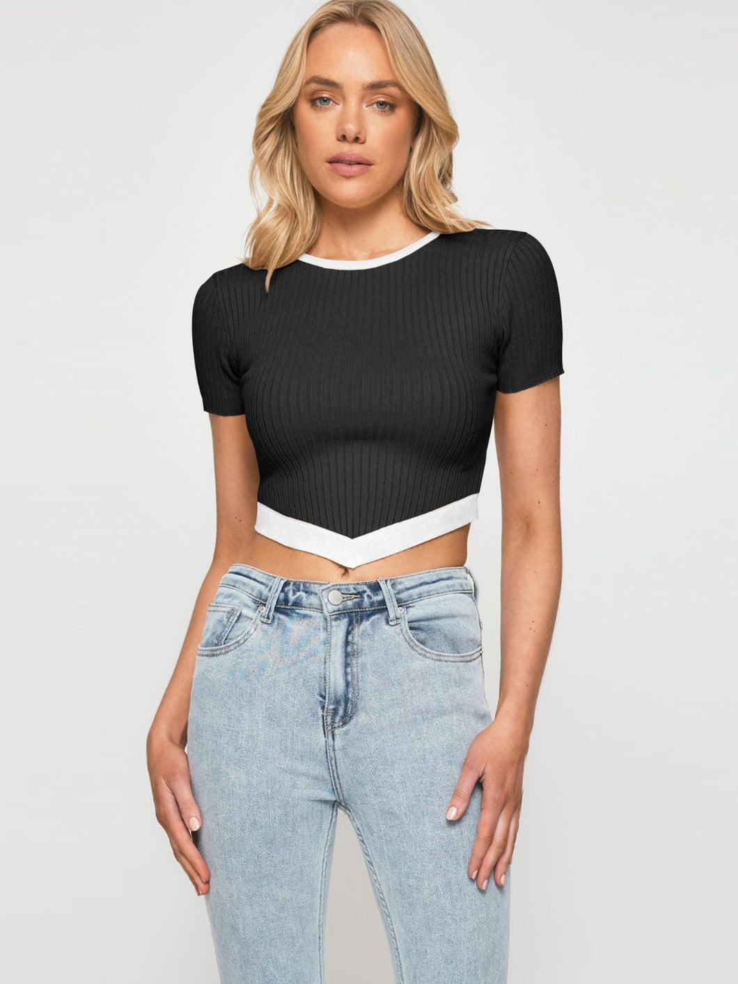 Tia Contrast Trim Pointed Hem Ribbed Crop Top