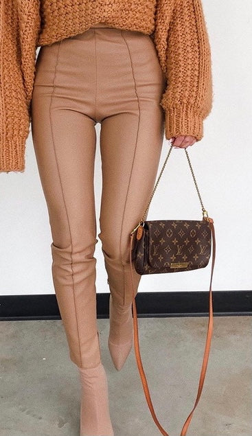 PU Leather Zip Up High Waist Trousers