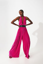 Load image into Gallery viewer, Satin Halter Neck Pleated Maxi Jumpsuit in Fuchsia

