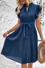 Load image into Gallery viewer, Tie Neck Belted Pleated Dress
