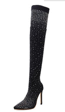 Load image into Gallery viewer, Black Over The Knee Rhinestone Pointed Toe Stretch Boots
