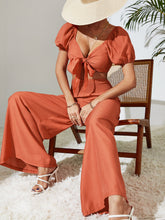 Load image into Gallery viewer, Myrtle Tie Front Cropped Top and Smocked Wide Leg Pants Set
