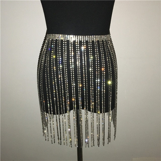 Long Tassel Crystal Mini Skirt