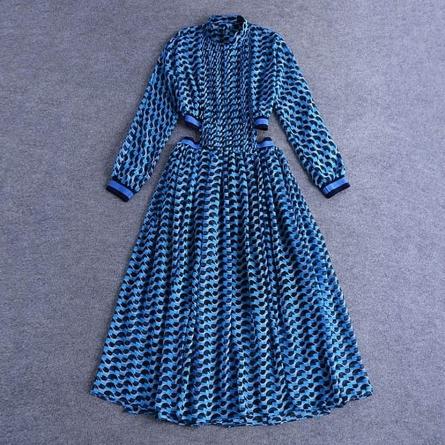 Blue Haze Stand Collar Long Sleeve Dress