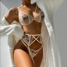 Load image into Gallery viewer, Mesh White Floral 3 Piece Lingerie
