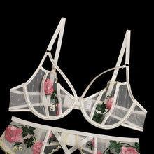 Load image into Gallery viewer, Mesh White Floral 3 Piece Lingerie
