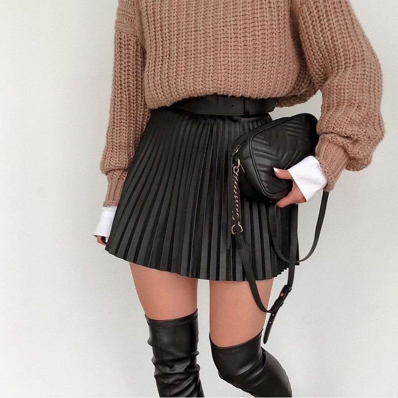 High Waist Black Pleated Mini Skirt