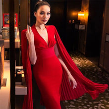 Load image into Gallery viewer, Red V-Neck Batwing Sleeve Midi Dress
